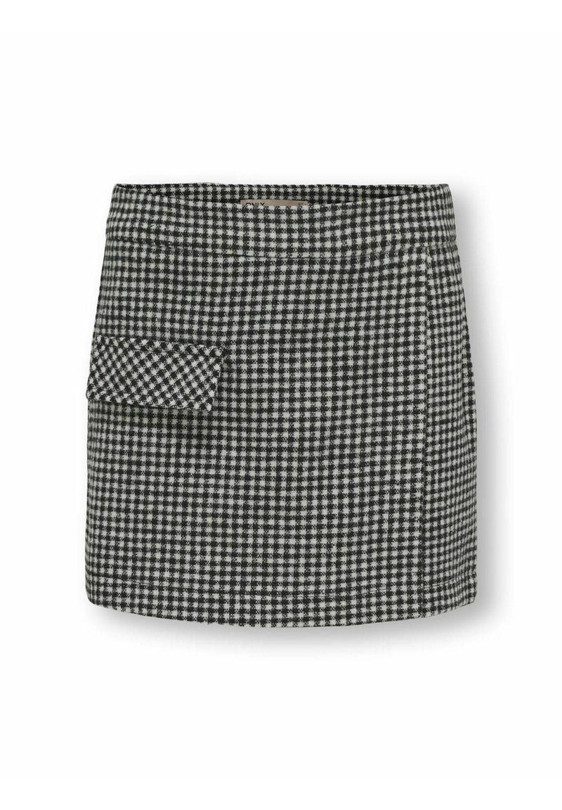 Black and white checkered skirt made of woven fabric. Features a pocket on the side and a straight cut design.