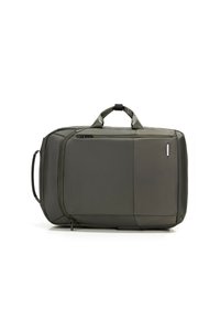 Grijze sporttas met een rechthoekige vorm, gemaakt van textielmateriaal, met een bovenhandvat en een ritsvak aan de voorkant voor opslag.