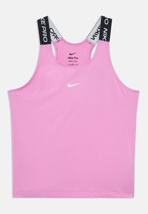 Pink Nike Pro Dri-Fit ærmeløs atletisk top med sorte og hvide Nike Pro-branded stropper og hvid Nike swoosh-logo foran.