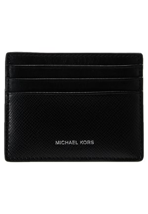 Musta nahkkaartide hoidja nelja kohaga. Tekstureeritud viimistlus ja hõbedane reljeefne logo "MICHAEL KORS" allservas. Kompaktne ristkülikukujuline kujundus.