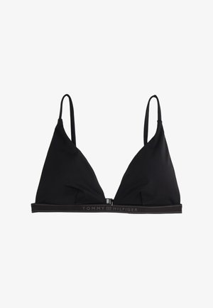 Mustmustriangularne bralette õhukeste rihmadega ja bränditud elastse vööga. Sile kangas lihtsa disainiga ilma lisakaunistusteta.