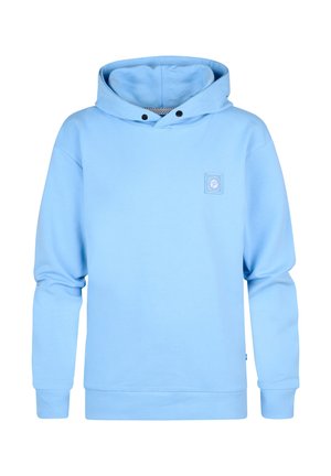 Un sweat à capuche bleu clair en tissu doux, doté d'une capuche avec cordon de serrage, d'un patch logo à l'avant et de poignets et d'un ourlet côtelés pour un ajustement sûr.
