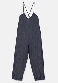 Combinaison bleu foncé sans manches à jambes larges avec fines bretelles croisées et ourlets élastiqués aux jambes.
