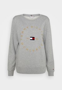 Felpa grigia in misto cotone, con un logo rotondo con la scritta "TOMMY HILFIGER" ricamata in oro e una piccola grafica a forma di bandiera sul petto.
