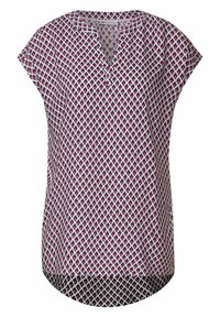 Blusa a maniche corte con scollatura a V, caratterizzata da un motivo geometrico a diamante viola e bianco su uno sfondo chiaro. Design con orlo arrotondato.