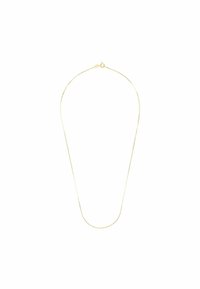 Złoty naszyjnik metalowy o smukłym, wydłużonym kształcie, z gładką powierzchnią i cienką konstrukcją, z zapięciem na karabińczyk.