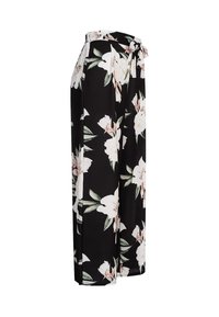 Svarte palazzo-bukser med store hvite og rosa blomster, høy midje med knyting, og en flytende vid bensnitt.