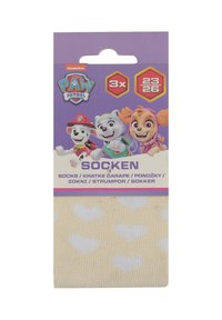 Calzini per bambini di un delicato giallo chiaro con motivi di cuori bianchi, confezionati in tre paia. Presentano i personaggi di Paw Patrol sull'etichetta.