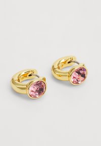Gold hoop earrings featuring pink faceted stones, with a smooth, shiny finish and a secure clasp design.
