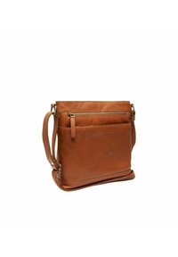 Brown leather crossbody bag with a structured design, single shoulder strap, and a front zip pocket. Smooth texture and minimalist detailing.