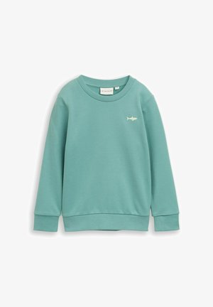 Puha anyagból készült menta zöld pulóver, kerek nyakkivágással, hosszú ujjakkal és egy kis cápa logóval hímzett a mellkasán.