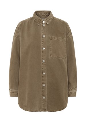 Brun denim skjortejakke med knaplukning fortil, spidse kraver og en enkelt brystlomme. Bemærkelsesværdige sølvknapper og broderede detaljer.