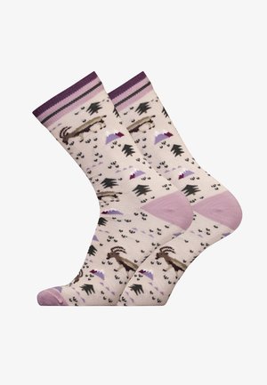 Kniestrümpfe aus weichem Material, mit einem beigen Grundton, lila Akzenten, Tierdruck und Waldmotiven. Verstärkte Zehen und Ferse.