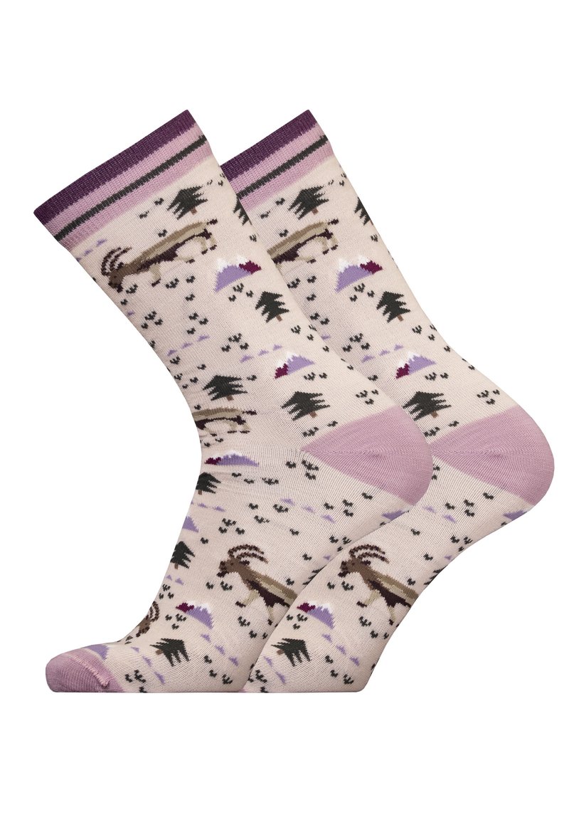 Knee-high socks in soft fabric, featuring a beige base with purple accents, animal prints, and forest motifs. Reinforced toes and heel.