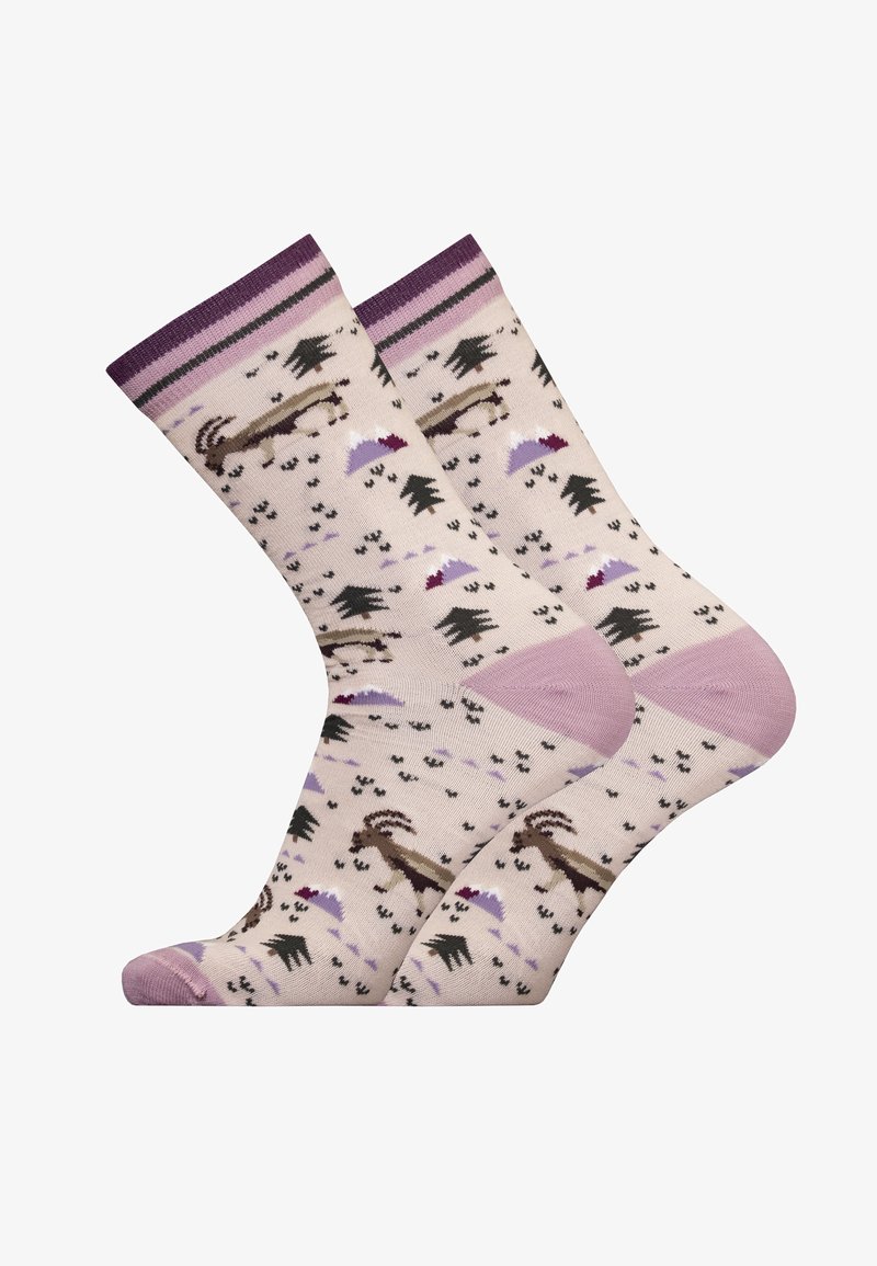 Kniestrümpfe aus weichem Material, mit einem beigen Grundton, lila Akzenten, Tierdruck und Waldmotiven. Verstärkte Zehen und Ferse.