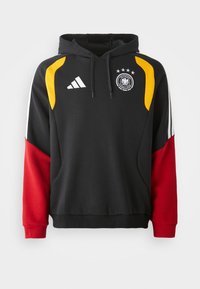 Moletão preto com detalhes em vermelho e amarelo, apresentando um bolso frontal, capuz com cordão e emblema da seleção de futebol alemã com três estrelas.