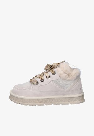 Light grey sneaker made of suede and mesh, featuring faux fur trim, textured outsole, and decorative laces with colors and patterns.