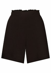 Short noir taille haute avec une ceinture élastique style paperbag et une coupe droite, au-dessus du genou.
