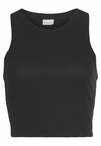 Zwart geribbeld tanktop met een ronde hals. Strakke pasvorm met een cropped lengte en subtiele textuur. Labels suggereren het merk LASCANA.