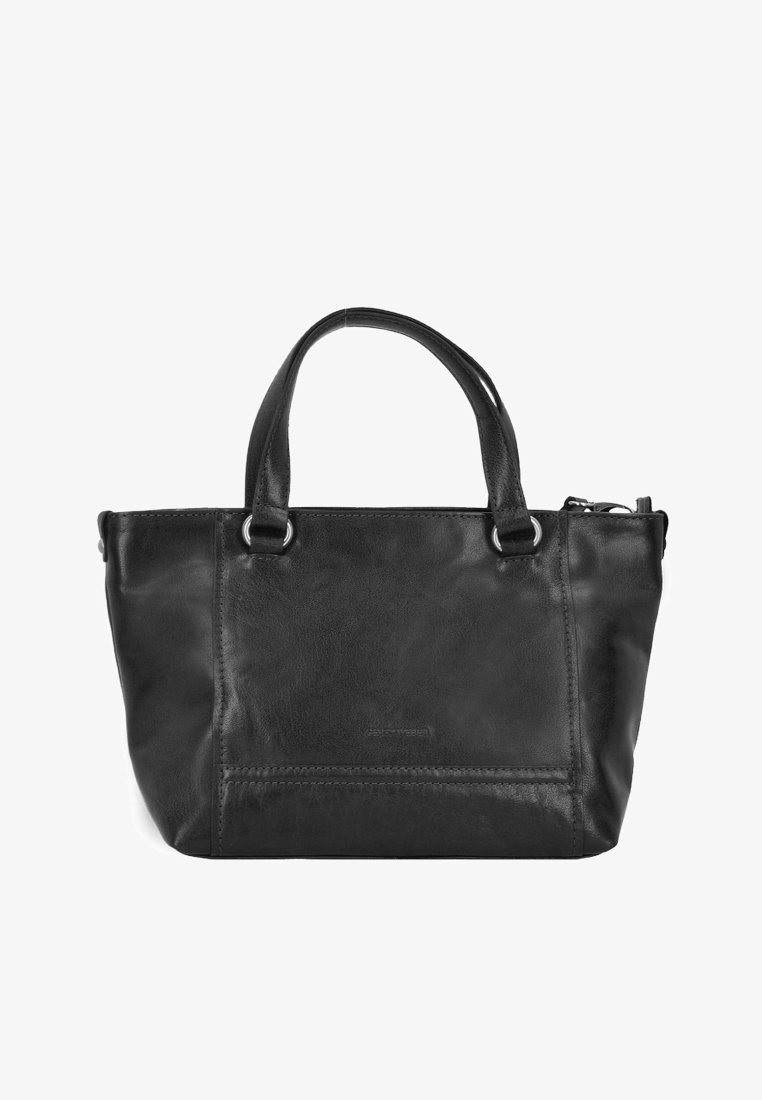 Sac fourre-tout en cuir noir avec deux poignées courtes, fermeture zippée, texture lisse et détails cousus à l'avant. Design minimaliste.
