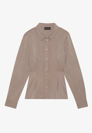 Brown long-sleeve shirt with a collared neckline, pinstripe pattern, front button closure, and side seams featuring pleats.