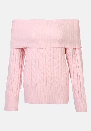 Õlavarrelt kukkuv roosa sweater, millel on soonikkoes kaelus, nöörkudumise muster ja pikad varrukad. Pehme tekstuur ja lühike lõige.