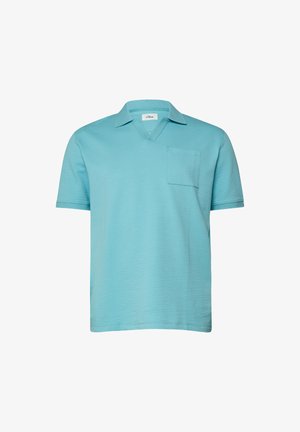 Lichtblauw poloshirt met korte mouwen van gestructureerde stof, met kraag, V-hals en borstzak, weergegeven op een witte achtergrond.