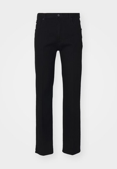 Melni denimi džinsi ar taisnas kājas dizainu, piecām kabatām, priekšējo pogu aizdari un smalkiem šuvju akcentiem. Gluda tekstūra.