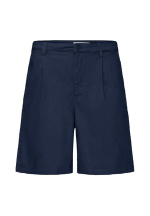 Shorts bleu marine sur mesure avec passants de ceinture, fermeture à bouton sur le devant et poches latérales, affichés sur un fond blanc.