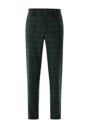 Dark green plaid trousers made of textured fabric, featuring a standard waistband and a single button closure. Slim fit design.