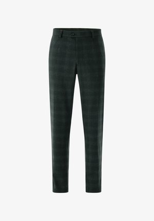 Dark green plaid trousers made of textured fabric, featuring a standard waistband and a single button closure. Slim fit design.