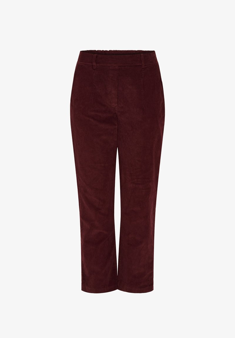 Burgunderfarvede corduroy cropped bukser med en glat tekstur, der har forlommer og en tætsiddende talje.