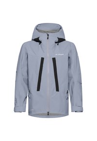 Light blue waterproof jacket with a hood, black accents, front zip closure, and multiple pockets. Smooth texture, designed for outdoor use.