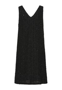 Robe sans manches noire avec un décolleté en V, tissu texturé et motif ondulé avec une légère brillance sur toute sa surface.
