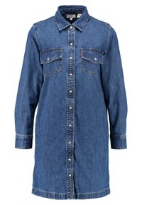 Jeansklänning i mörkblått, med krage, knäppning framtill, två bröstfickor och långa ärmar med knappmanchetter.