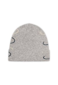 Grey knit beanie with a soft texture, featuring abstract patterns in light cream and dark blue. Folded cuff at the bottom.