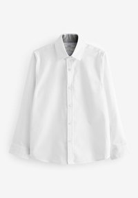 Chemise blanche à boutons avec une texture lisse, col classique, manches longues et un intérieur à motif subtil au niveau de l'encolure.