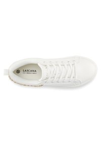 White sneaker with a textured upper, featuring laces, a looped heel tab, and a decorative gold beaded accent along the side. LASCANA branding inside.