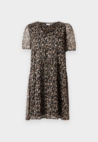 Robe noire avec manches courtes transparentes, présentant un motif floral en beige et marron. Coupe fluide avec un ourlet légèrement évasé.