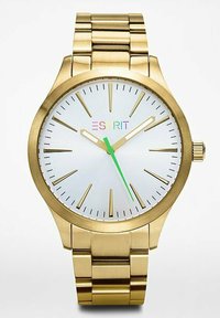 Orologio in metallo dorato con quadrante bianco, dotato di indicatori delle ore e lancette, inclusa una lancetta dei secondi verde. Logo del marchio "ESPRIT" in lettere colorate.
