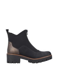Bottine noire à cheville avec semelle épaisse, fermeture éclair latérale et détail talon bronze, conçue pour un usage décontracté ou en extérieur.
