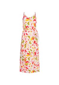 Blumenkleid mit Spaghettiträgern, bestehend aus einem weißen Hintergrund, roten, gelben und grünen Blättermustern sowie einer gebundenen Taillendetails.
