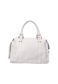 Borsa a tracolla in pelle bianca con forma arrotondata, doppi manici superiori, hardware dorato e tasca laterale con zipper. Presenta dettagli di cucitura.