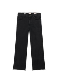 Sorte denimbukser med vidt ben, der har en frynset kant og klassisk design med fem lommer. Ensfarvet stof uden mønstre eller detaljer.