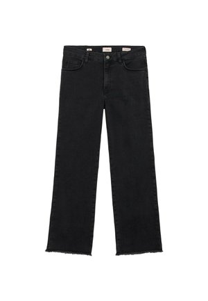 Czarne spodnie dżinsowe o szerokich nogawkach, z postrzępionym dołem i klasycznym krojem z pięcioma kieszeniami. Gładki materiał bez wzorów i dodatków.