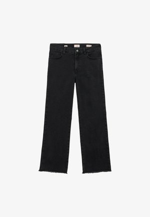 Czarne spodnie dżinsowe o szerokich nogawkach, z postrzępionym dołem i klasycznym krojem z pięcioma kieszeniami. Gładki materiał bez wzorów i dodatków.