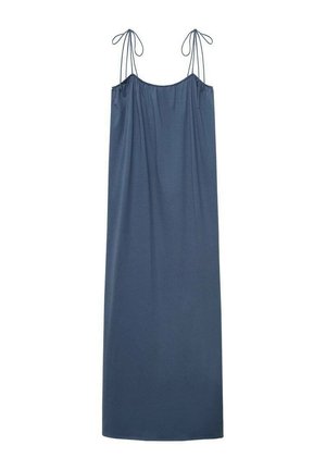 Rochie fără mâneci, lungime până la podea, din material albastru închis. Dispune de bretele reglabile și un decolteu adunat pentru un fit relaxat.