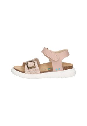 Pink and metallic textured sandals with a buckle, adjustable strap, cork insole, and white rubber sole, featuring turquoise accents.
