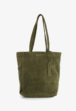 Olivgrüne Wildleder-Shopper-Tasche mit doppelten Trägern, rechteckiger Form und einem Lederanhänger mit dem Markennamen "Venezia."