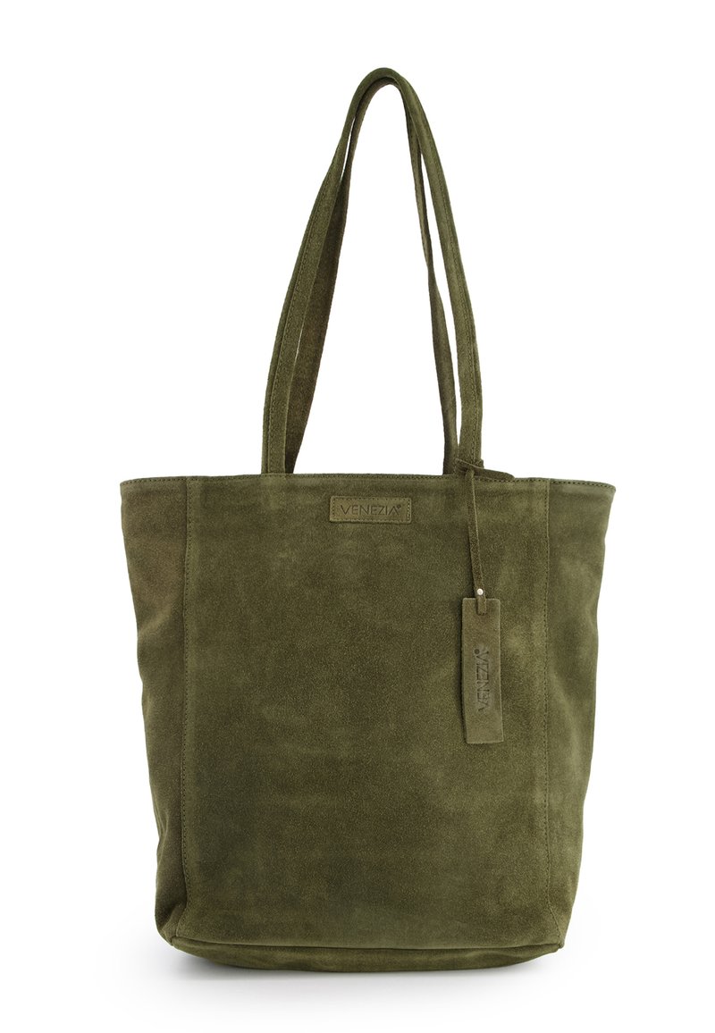 Olivgrüne Wildleder-Shopper-Tasche mit doppelten Trägern, rechteckiger Form und einem Lederanhänger mit dem Markennamen "Venezia."